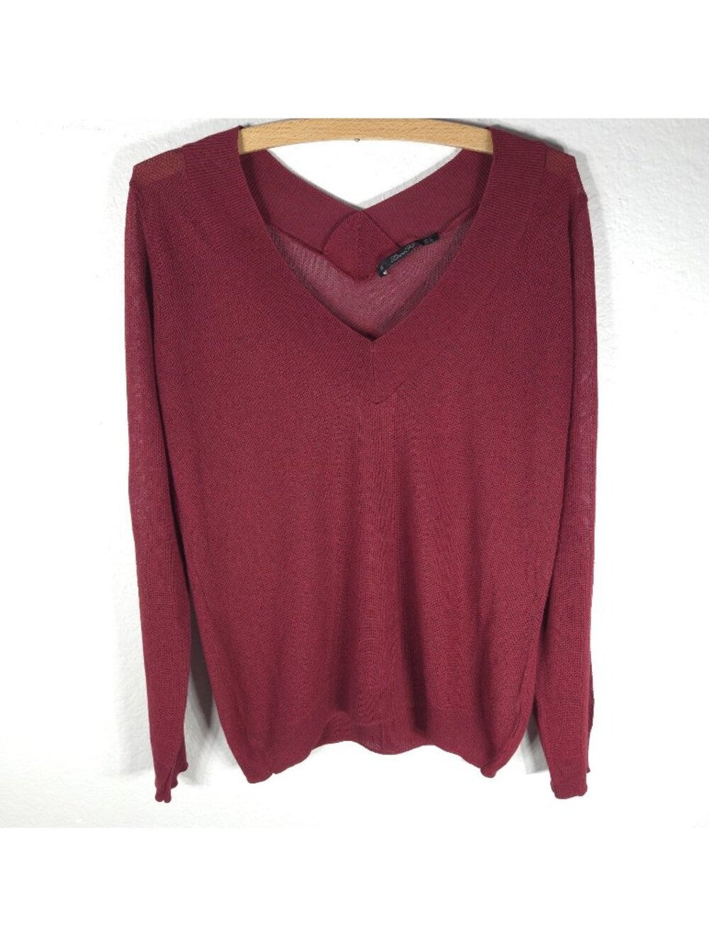 Zara Knit Burgundy Double V-Neck Pullover Long Sleeve Top Sweater Size M